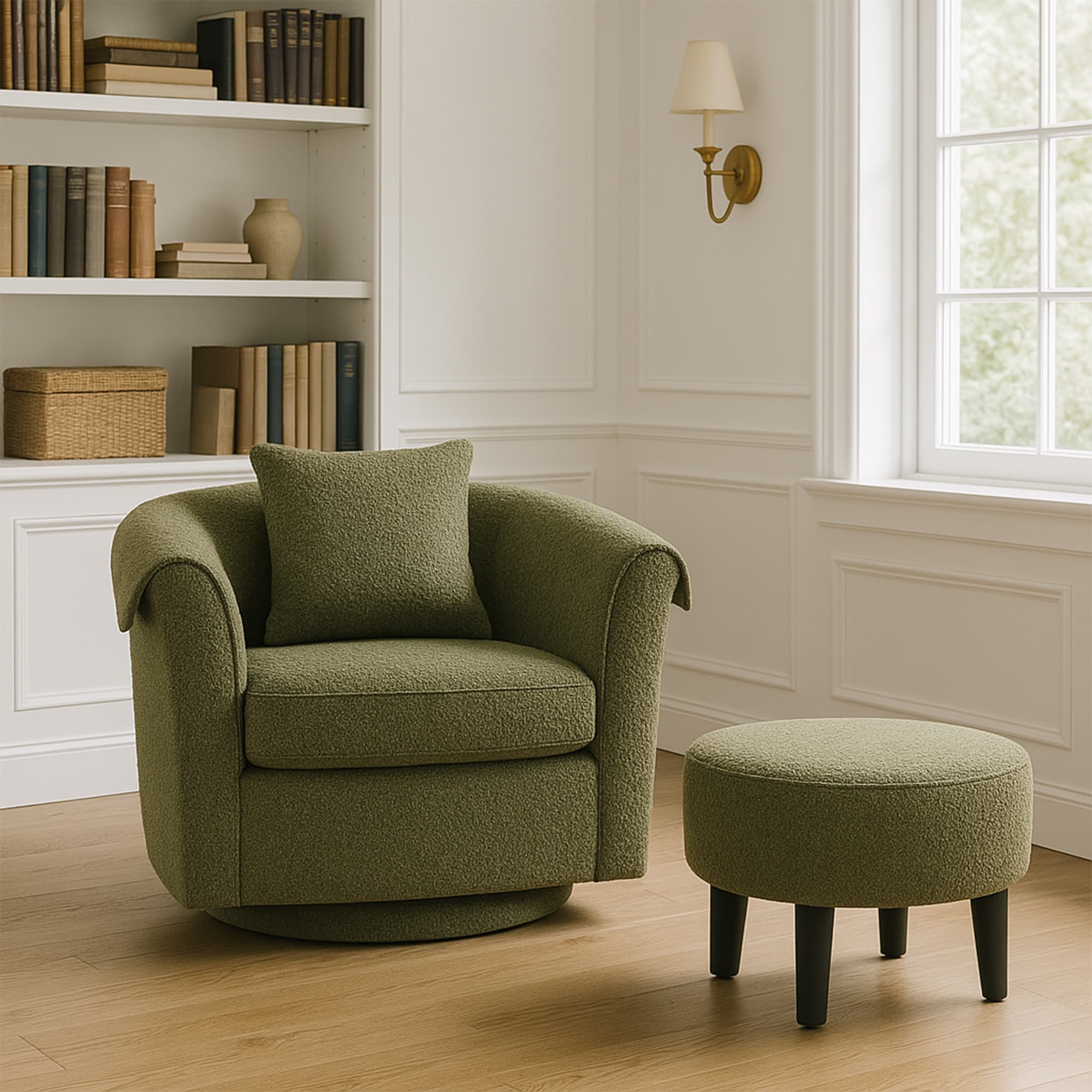 Swivel Accent Chair With Ottoman Set, Modern Chenille Barrel Armchair With Removable Back Pillow & 2 Armrest Covers For Living Room, Bedroom, Office, Green_voghion.com